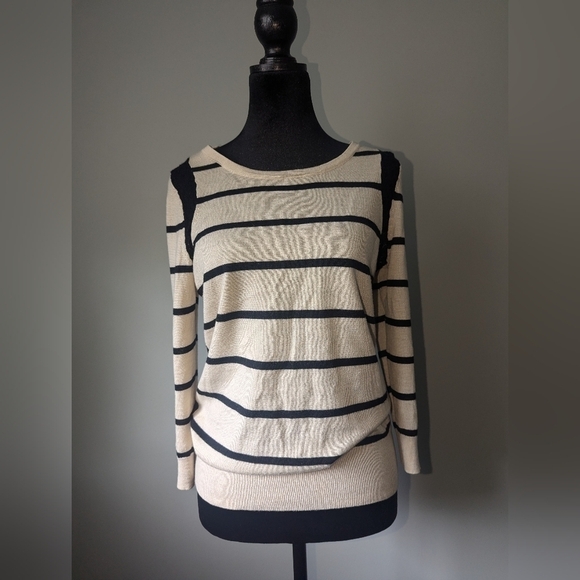 Loft Tan and Black Striped Blouse with Lace Detail - Picture 1 of 9